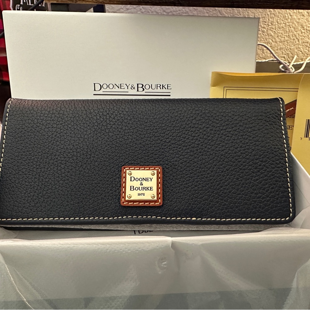 Midnight Blue Dooney pebble grain slim wallet.